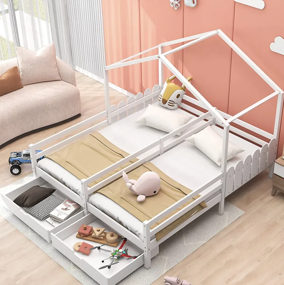 Lit enfant Cabane 90x200 cm - Lit avec Toit et Fenêtres, 2 Tiroirs MDF avec Roulettes, Cadre en Pin Blanc - Sans Matelas