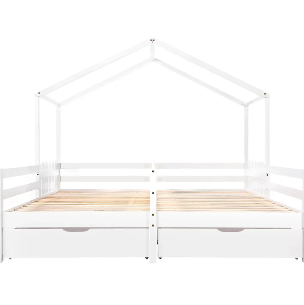 Lit enfant Cabane 90x200 cm - Lit avec Toit et Fenêtres, 2 Tiroirs MDF avec Roulettes, Cadre en Pin Blanc - Sans Matelas