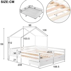 Lit enfant Cabane 90x200 cm - Lit avec Toit et Fenêtres, 2 Tiroirs MDF avec Roulettes, Cadre en Pin Blanc - Sans Matelas