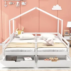 Lit enfant Cabane 90x200 cm - Lit avec Toit et Fenêtres, 2 Tiroirs MDF avec Roulettes, Cadre en Pin Blanc - Sans Matelas