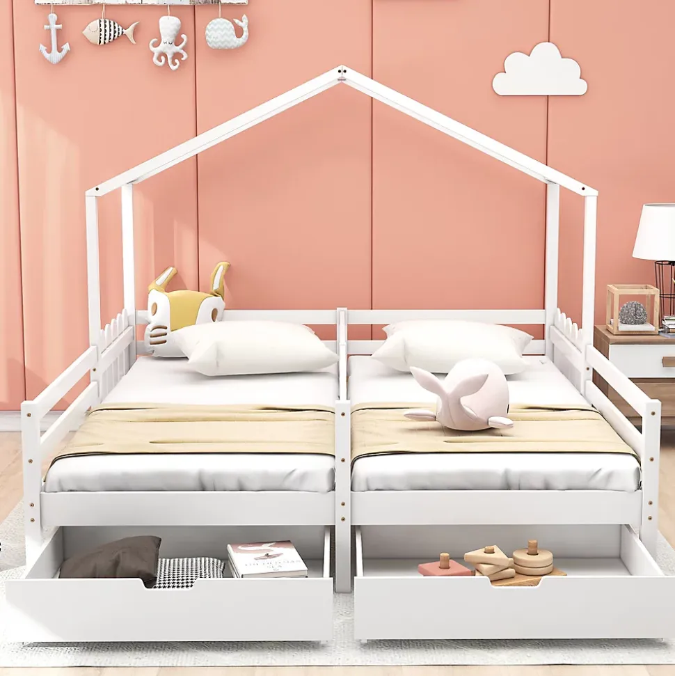Lit enfant Cabane 90x200 cm - Lit avec Toit et Fenêtres, 2 Tiroirs MDF avec Roulettes, Cadre en Pin Blanc - Sans Matelas