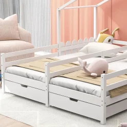 Lit enfant Cabane 90x200 cm - Lit avec Toit et Fenêtres, 2 Tiroirs MDF avec Roulettes, Cadre en Pin Blanc - Sans Matelas