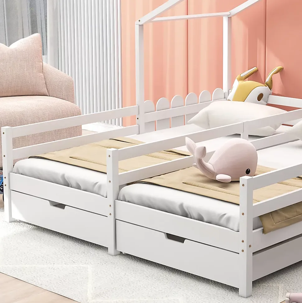 Lit enfant Cabane 90x200 cm - Lit avec Toit et Fenêtres, 2 Tiroirs MDF avec Roulettes, Cadre en Pin Blanc - Sans Matelas