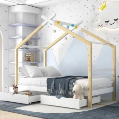 Lit enfant Cabane 90x200 cm avec Tiroirs - Lit Montessori en Bois de Pin Massif - design Scandinave - Blanc