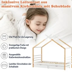 Lit enfant Cabane 90x200 cm avec Tiroirs - Lit Montessori en Bois de Pin Massif - design Scandinave - Blanc