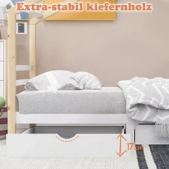 Lit enfant Cabane 90x200 cm avec Tiroirs - Lit Montessori en Bois de Pin Massif - design Scandinave - Blanc