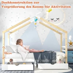 Lit enfant Cabane 90x200 cm avec Tiroirs - Lit Montessori en Bois de Pin Massif - design Scandinave - Blanc