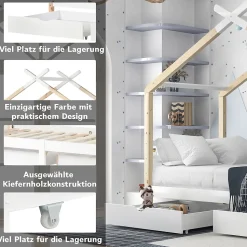 Lit enfant Cabane 90x200 cm avec Tiroirs - Lit Montessori en Bois de Pin Massif - design Scandinave - Blanc