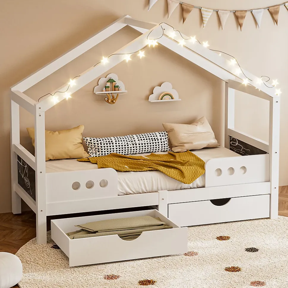 Lit enfant cabane 90x200 cm en bois - Lit simple stable pour chambre junior - Sans matelas - Design classique - Blanc
