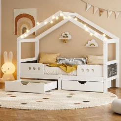 Lit enfant cabane 90x200 cm en bois - Lit simple stable pour chambre junior - Sans matelas - Design classique - Blanc