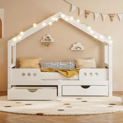 Lit enfant cabane 90x200 cm en bois - Lit simple stable pour chambre junior - Sans matelas - Design classique - Blanc