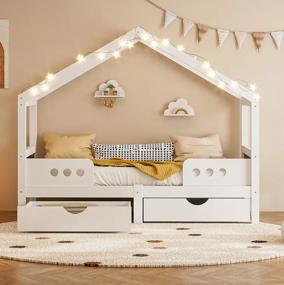 Lit enfant cabane 90x200 cm en bois - Lit simple stable pour chambre junior - Sans matelas - Design classique - Blanc
