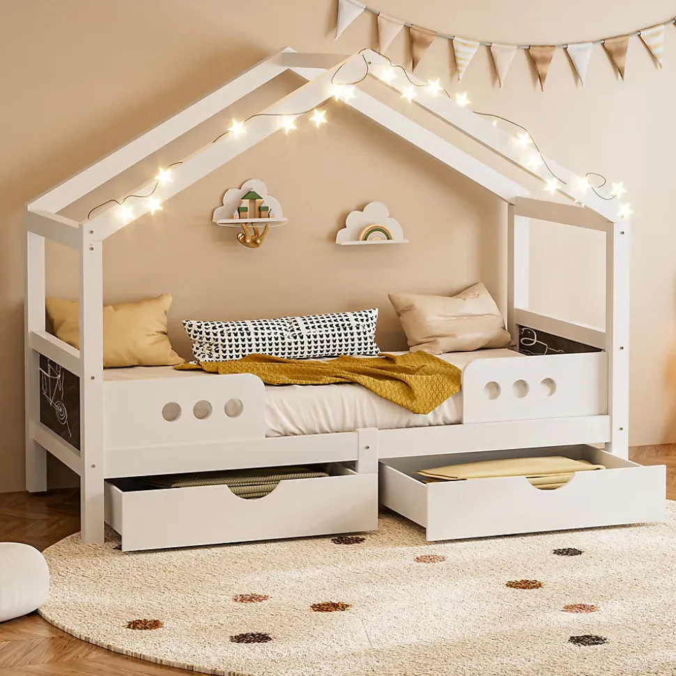 Lit enfant cabane 90x200 cm en bois - Lit simple stable pour chambre junior - Sans matelas - Design classique - Blanc