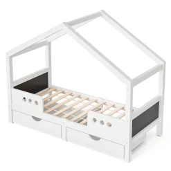 Lit enfant cabane 90x200 cm en bois - Lit simple stable pour chambre junior - Sans matelas - Design classique - Blanc
