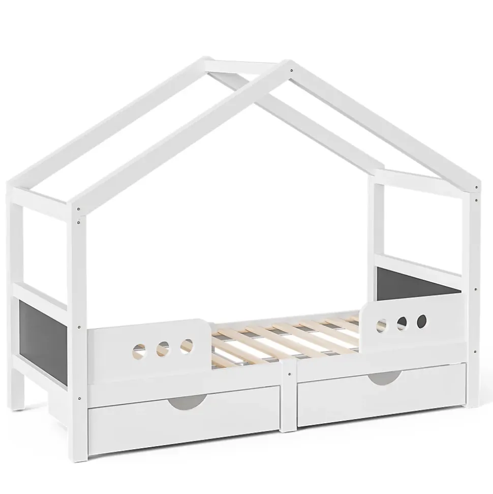 Lit enfant cabane 90x200 cm en bois - Lit simple stable pour chambre junior - Sans matelas - Design classique - Blanc