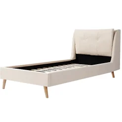 Lit enfant capitonné 90x200cm - Tête de lit capitonnée - Oreillers réglables - Pieds en bois massif - Velours - Beige