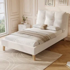 Lit enfant capitonné 90x200cm - Tête de lit capitonnée - Oreillers réglables - Pieds en bois massif - Velours - Beige