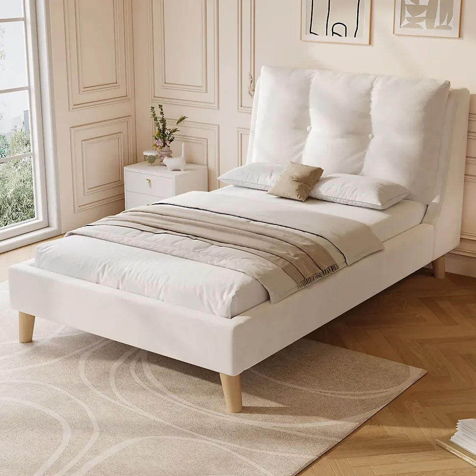 Lit enfant capitonné 90x200cm - Tête de lit capitonnée - Oreillers réglables - Pieds en bois massif - Velours - Beige