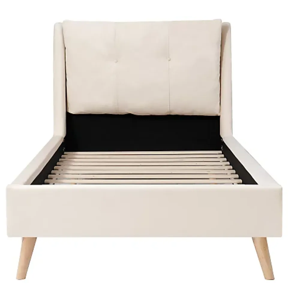 Lit enfant capitonné 90x200cm - Tête de lit capitonnée - Oreillers réglables - Pieds en bois massif - Velours - Beige