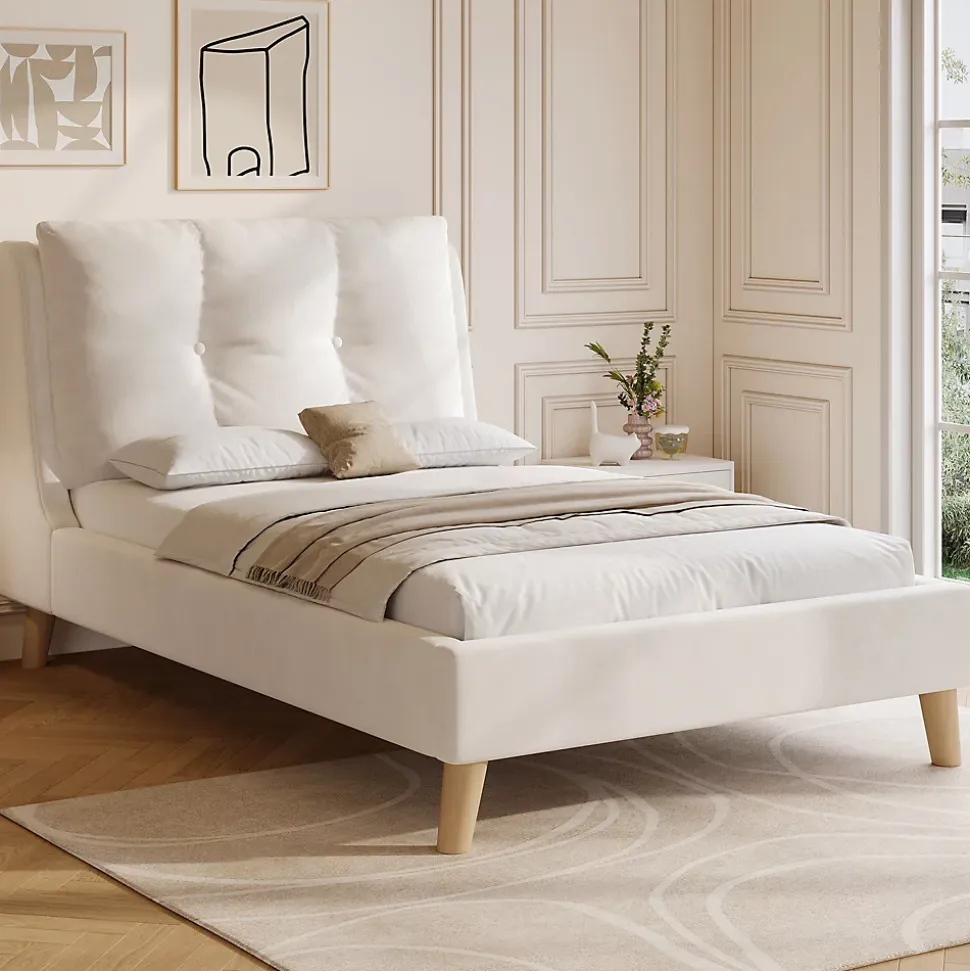 Lit enfant capitonné 90x200cm - Tête de lit capitonnée - Oreillers réglables - Pieds en bois massif - Velours - Beige