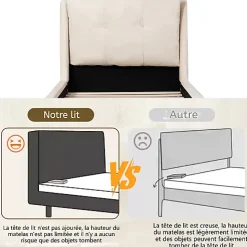 Lit enfant capitonné 90x200cm - Tête de lit capitonnée - Oreillers réglables - Pieds en bois massif - Velours - Beige