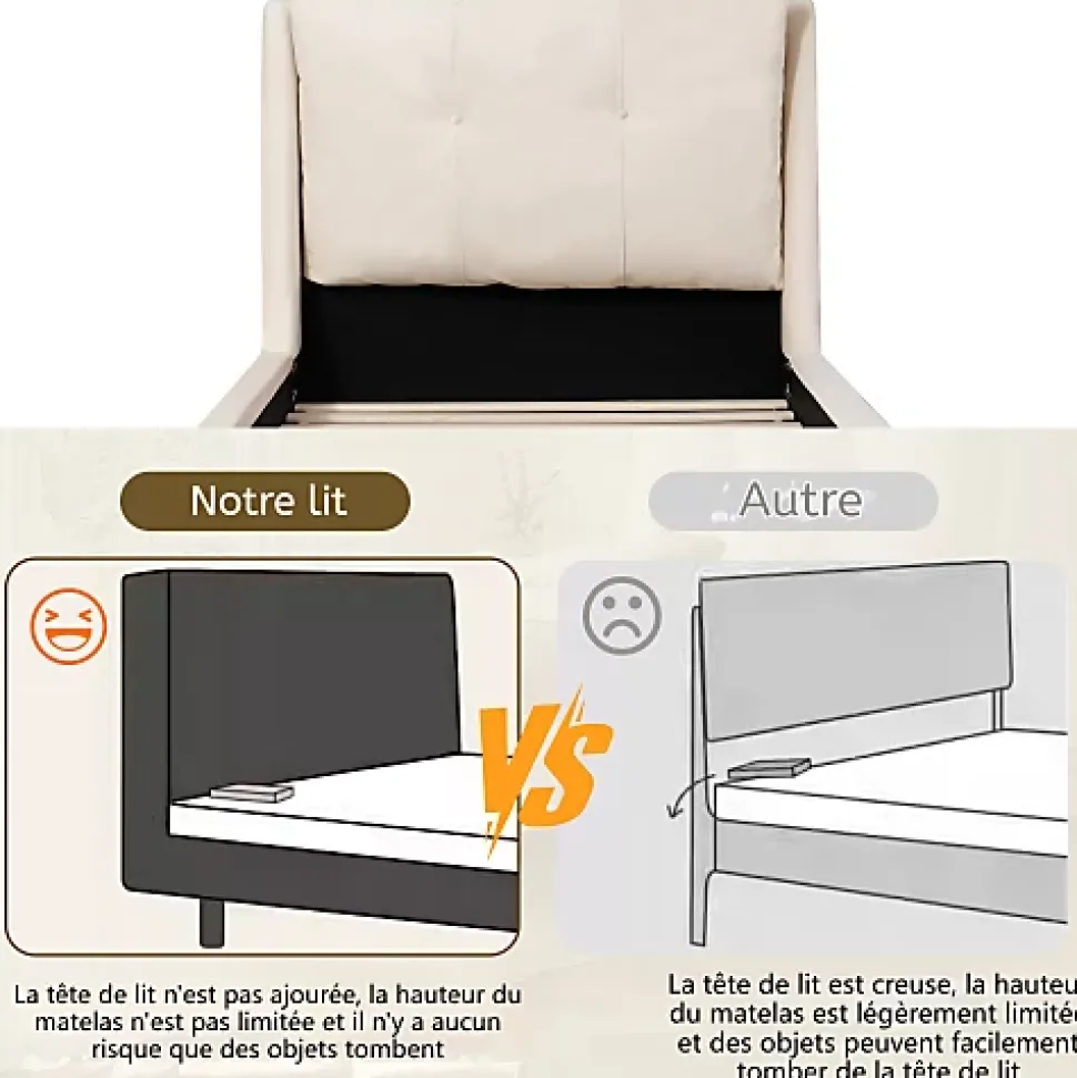 Lit enfant capitonné 90x200cm - Tête de lit capitonnée - Oreillers réglables - Pieds en bois massif - Velours - Beige