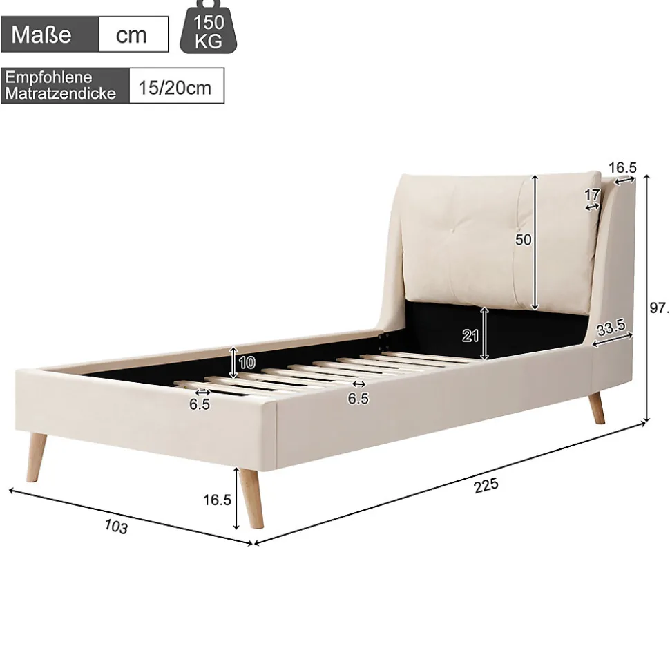 Lit enfant capitonné 90x200cm - Tête de lit capitonnée - Oreillers réglables - Pieds en bois massif - Velours - Beige