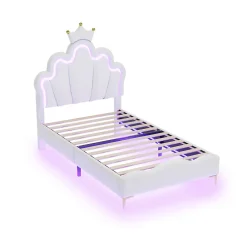 Lit enfant capitonné 90x200cm en PU, lit simple avec éclairage LED tête et pied de lit, chargeur EU inclus, Blanc