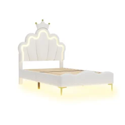 Lit enfant capitonné 90x200cm en PU, lit simple avec éclairage LED tête et pied de lit, chargeur EU inclus, Blanc