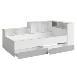 Lit enfant ELYO 90x200 cm Avec tiroirs, niches et étagères Gris, blanc & chene clair