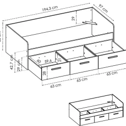 Lit enfant gigogne 90 x 190 cm en mélamine coloris blanc avec 3 tiroirs - Longueur 194.3 x Profondeur 97 x Hauteur 60 cm