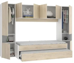 Lit enfant gigogne 90 x 190 cm coloris blanc /chêne + armoire - Longueur 302 x Hauteur 203 x Profondeur 97 cm