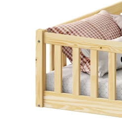 Lit enfant GUSTAVO avec sommier type Montessori 90x190 cm en bois massif - Naturel
