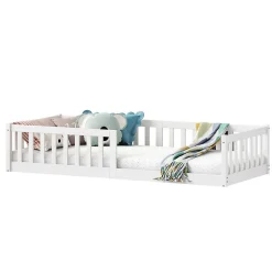 Lit enfant GUSTAVO avec sommier type Montessori 90x190 cm en bois massif - Blanc