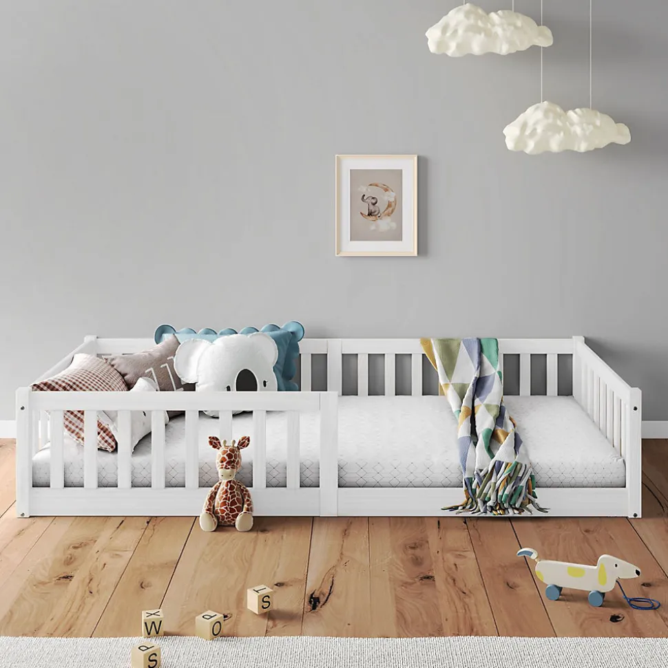 Lit enfant GUSTAVO avec sommier type Montessori 90x190 cm en bois massif - Blanc