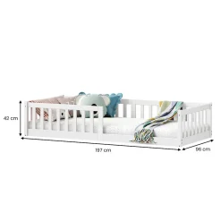 Lit enfant GUSTAVO avec sommier type Montessori 90x190 cm en bois massif - Blanc