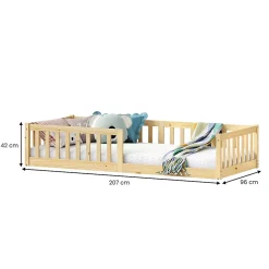 Lit enfant GUSTAVO type Montessori, couchage 90x200 cm, en pin massif naturel