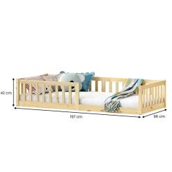 Lit enfant GUSTAVO type Montessori, couchage 90x190 cm, en pin massif naturel