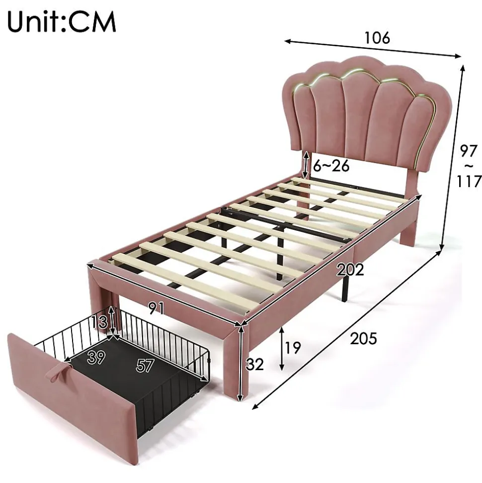 Lit enfant LED 90X200cm Tiroirs Contrôle par application mobile Rose Blackcolors
