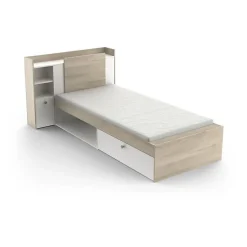 Lit enfant LIFE 1 personne - 90X190/200 - Rangements - Décor Chene et blanc - DEMEYERE - Fabriqué en France