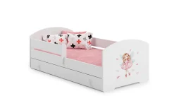 Lit enfant LOU avec tiroir balustrade et matelas inclus - Fée rose - 160 cm x 80 cm