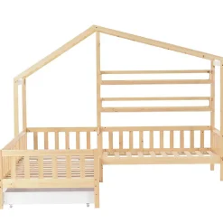 Lit Enfant Maison Bois Tiroirs Étages Naturel Blackcolors