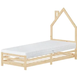 Lit enfant ML-Design 90x200cm avec matelas H16cm naturel en bois forme de maison et sommier à lattes