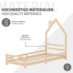 Lit enfant ML-Design 90x200cm avec matelas H16cm naturel en bois forme de maison et sommier à lattes