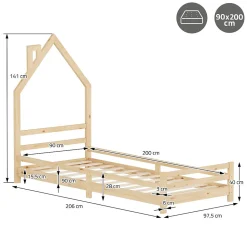 Lit enfant ML-Design 90x200cm avec matelas H16cm naturel en bois forme de maison et sommier à lattes