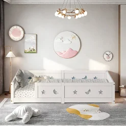 Lit enfant Montessori 90x200 cm en pin massif, barrières étoiles et lune, peinture à l eau sûre, design sécurisé, Blanc