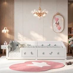 Lit enfant Montessori 90x200 cm en pin massif, barrières étoiles et lune, peinture à l eau sûre, design sécurisé, Blanc