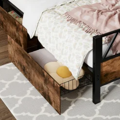 Lit enfant métal et MDF 90x200cm noir et noyer, style vintage, avec 2 tiroirs sur roulettes