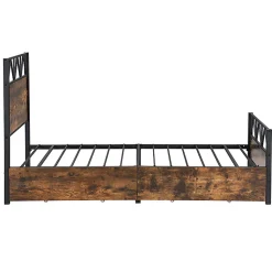 Lit enfant métal et MDF 90x200cm noir et noyer, style vintage, avec 2 tiroirs sur roulettes