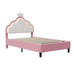 Lit Enfant Rembourré 90 X 200 Cm, LED, Tête De Lit Et Sommier à Lattes Réglables En Hauteur, Rose